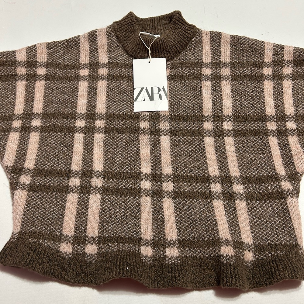 ZARA Brown and Pink Plaid Mock Neck Sweater